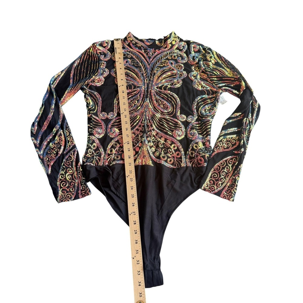 Sequin Butterfly Bodysuit Womens 2X Black Long Sleeve Sheer Rave Festival Plus - Picture 10 of 10